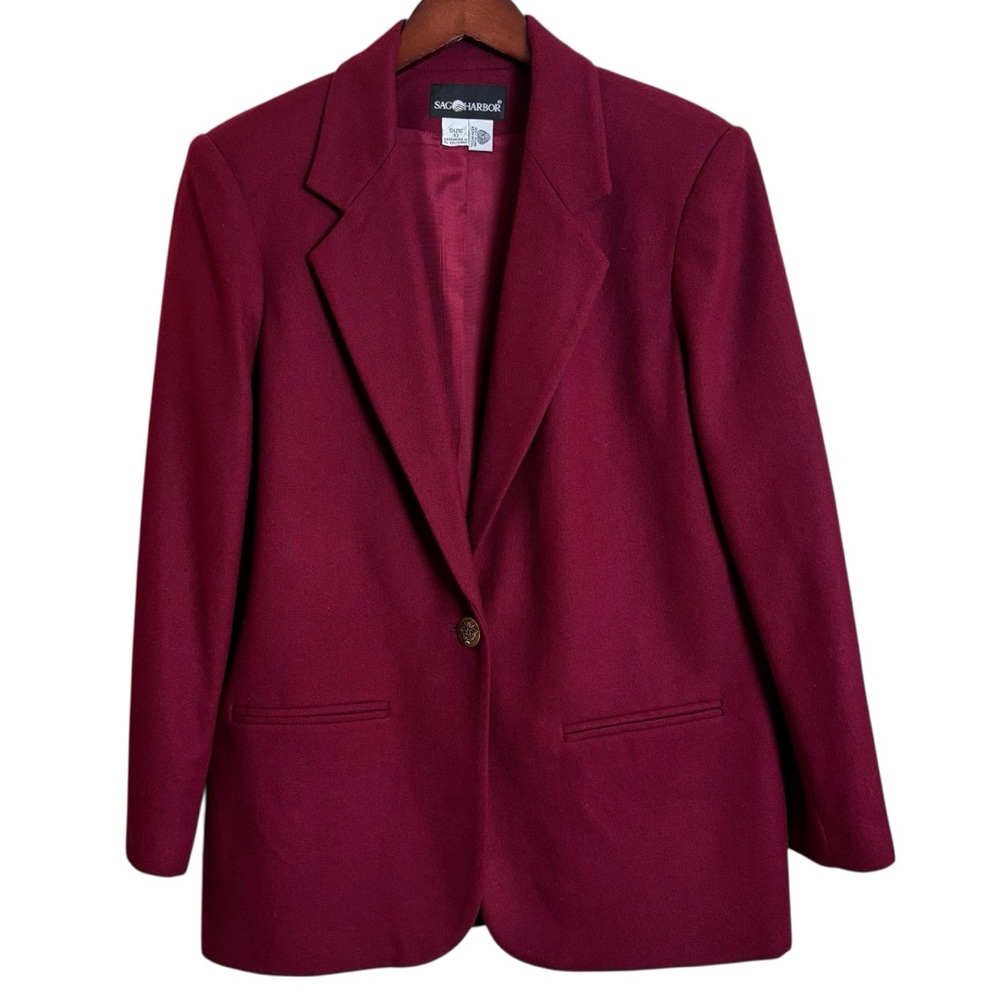 Vintage Sag Harbor Burgundy Wine 100% Pure New Wool Brass Button Blazer Jacket